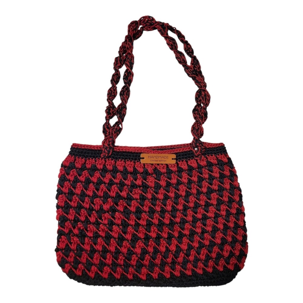 Handmade Limited Edition Crochet Tote Bag Red Black‎ Boho Woven Cord